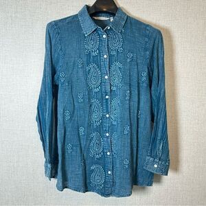 Soft Surrounding Blue Top M Embroidered Paisley Button Down Semi Sheer Gauzy